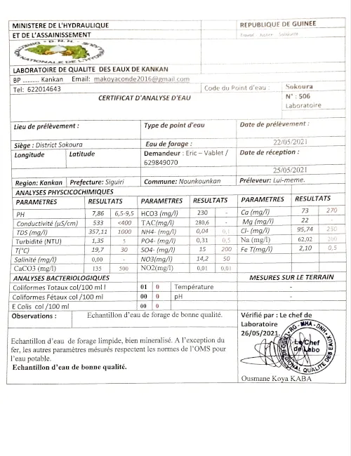 Résultat d'analyse d'eau